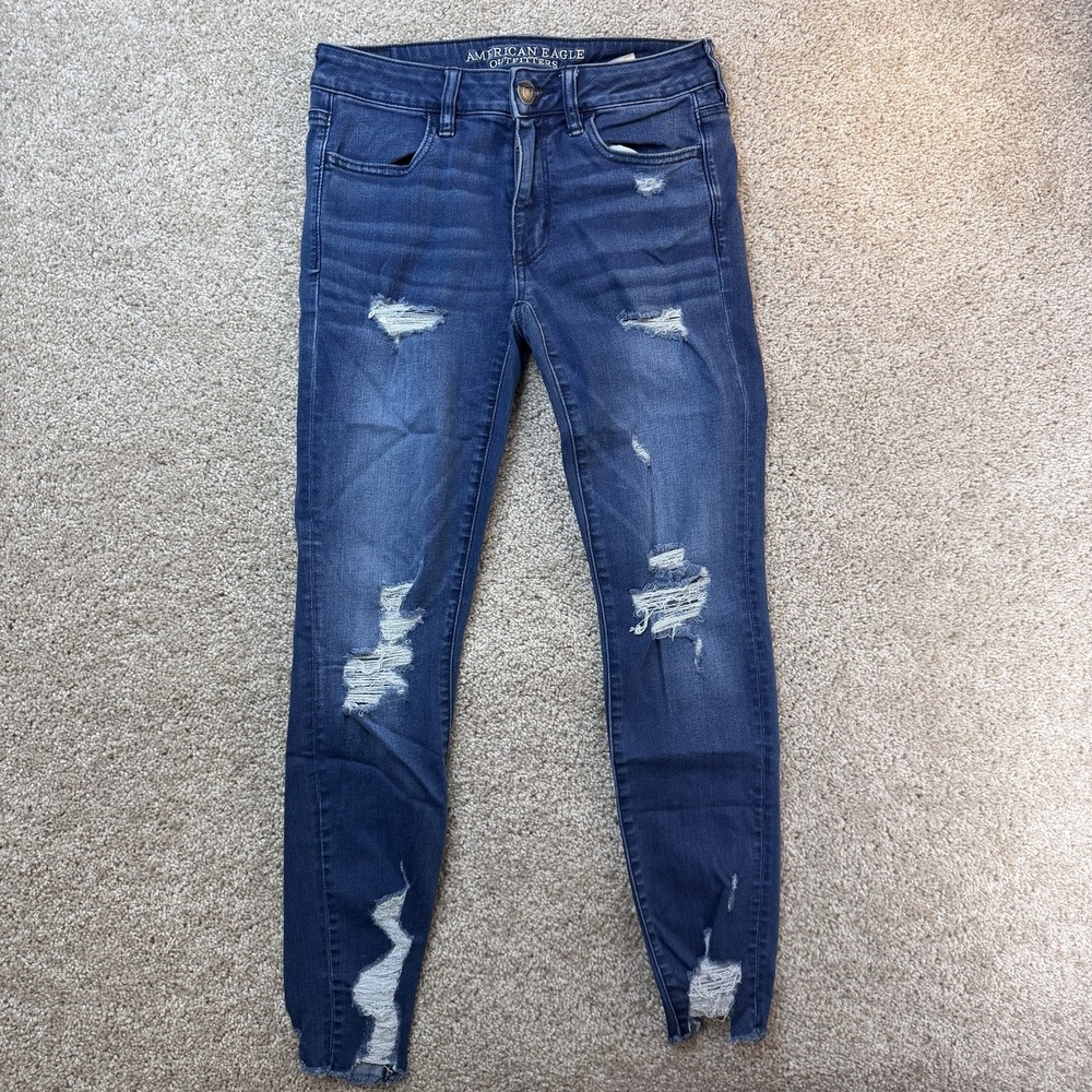 American Eagle Outfitters Jegging Jeans Womens 6 Med Wash Blue Distressed Denim